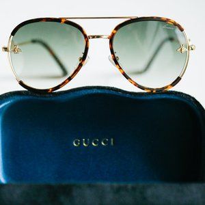 Brand New Gucci Bee Motif Tortoise  Frame Aviator Sunglasses